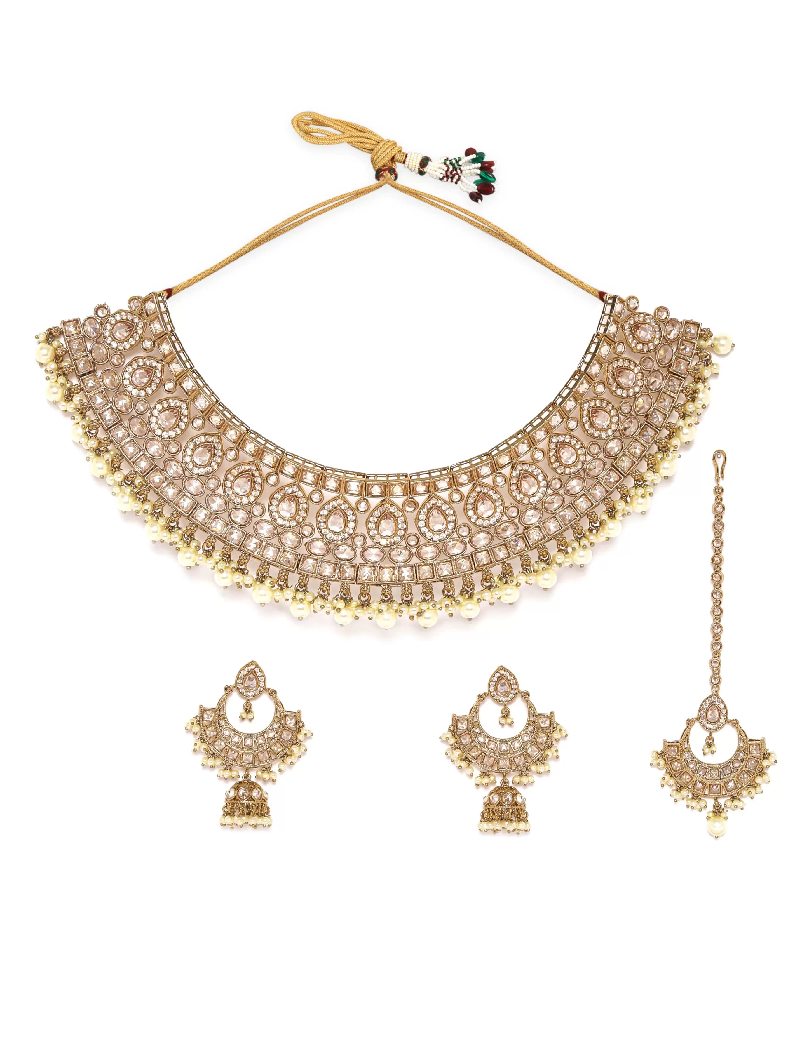 Rubans 22K Mehndi gold plated Reverse AD Studded Pearl beaded Statement Luxury Choker Set